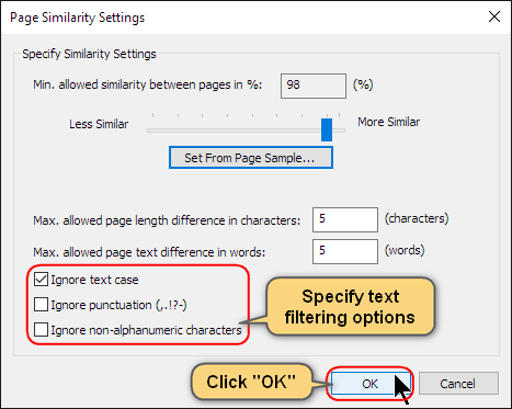 Specify text filtering options